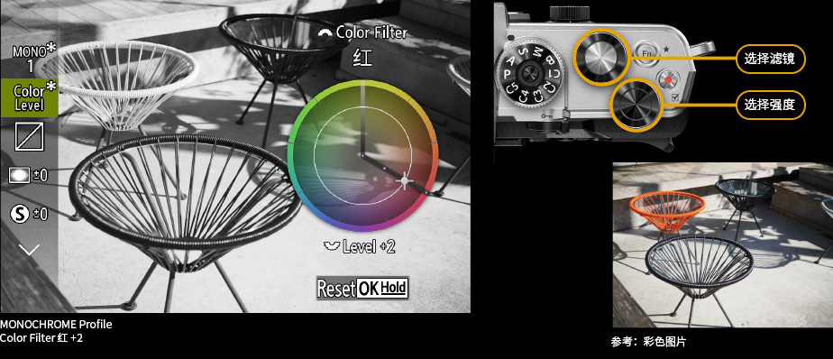 MONOCHROME Profile Color Filter 红 +2 参考：彩色图片