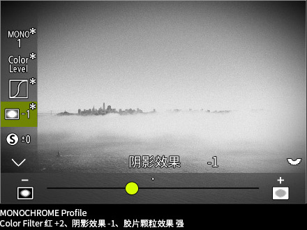 MONOCHROME Profile Color Filter 红 +2、阴影效果 -1、胶片颗粒效果 强